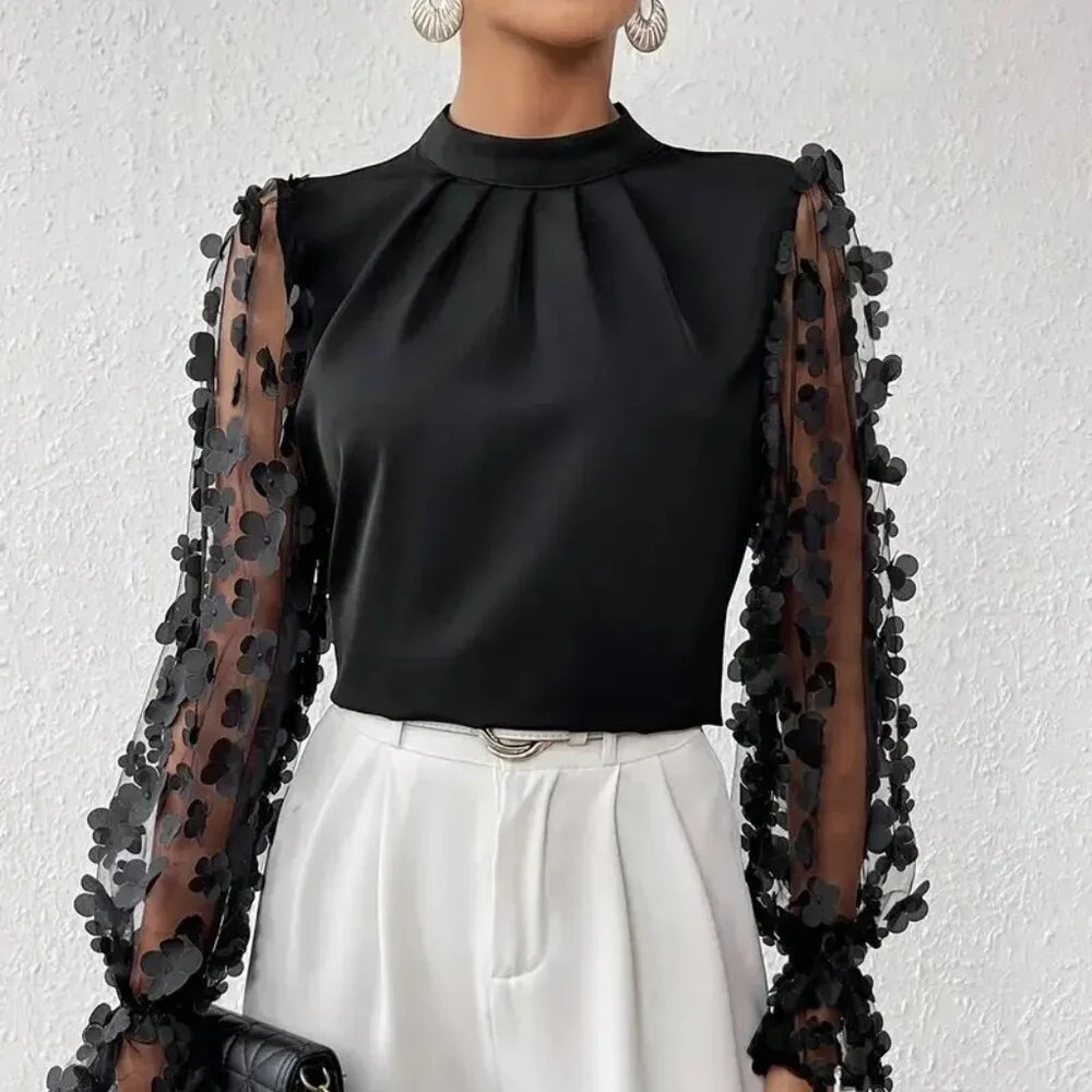 Elegant Floral Mock Neck Contrast Mesh Blouse